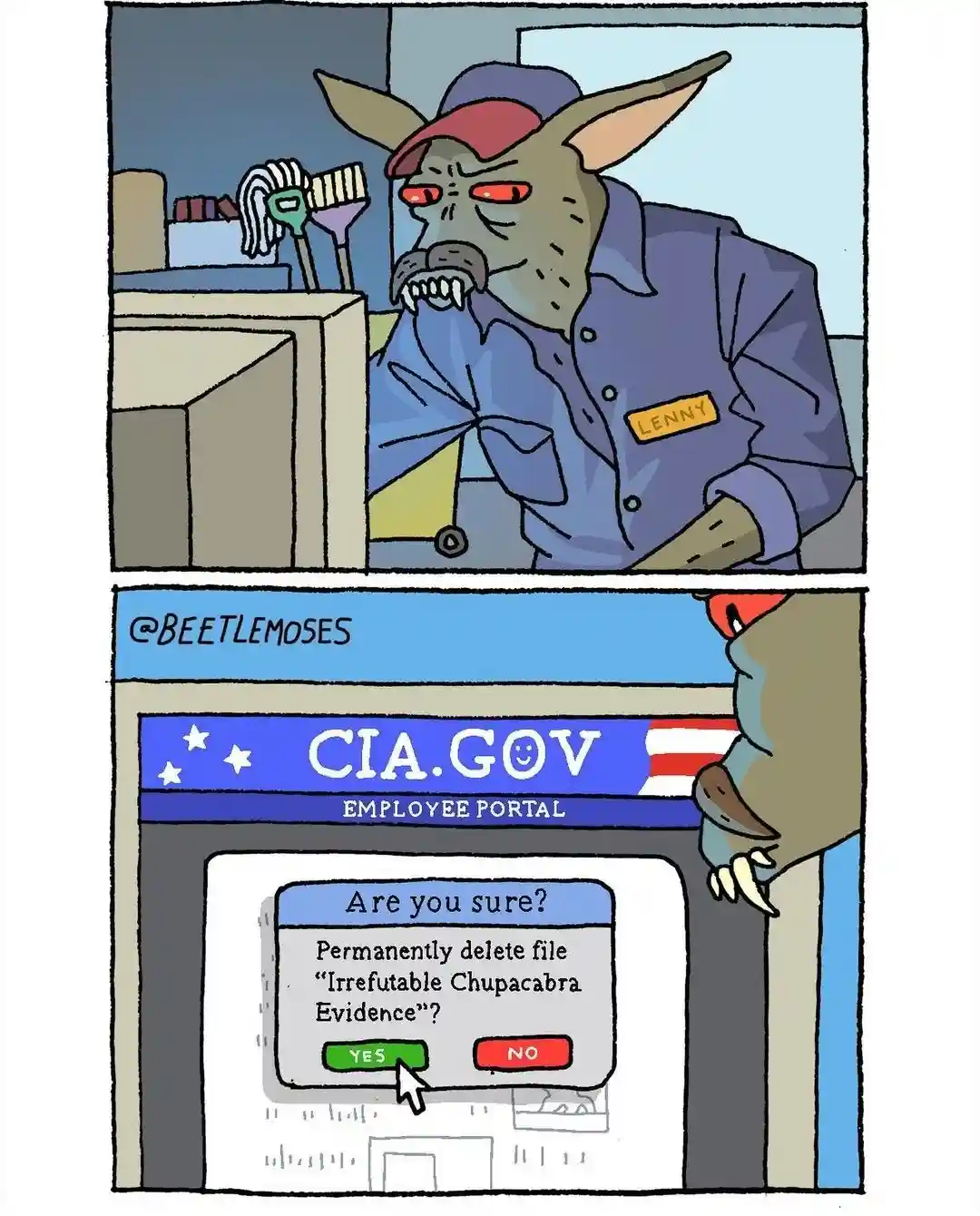 A two-panel comic shows a grumpy, red-eyed, furry creature named Lenny in a janitorial uniform. In the second panel, Lenny…