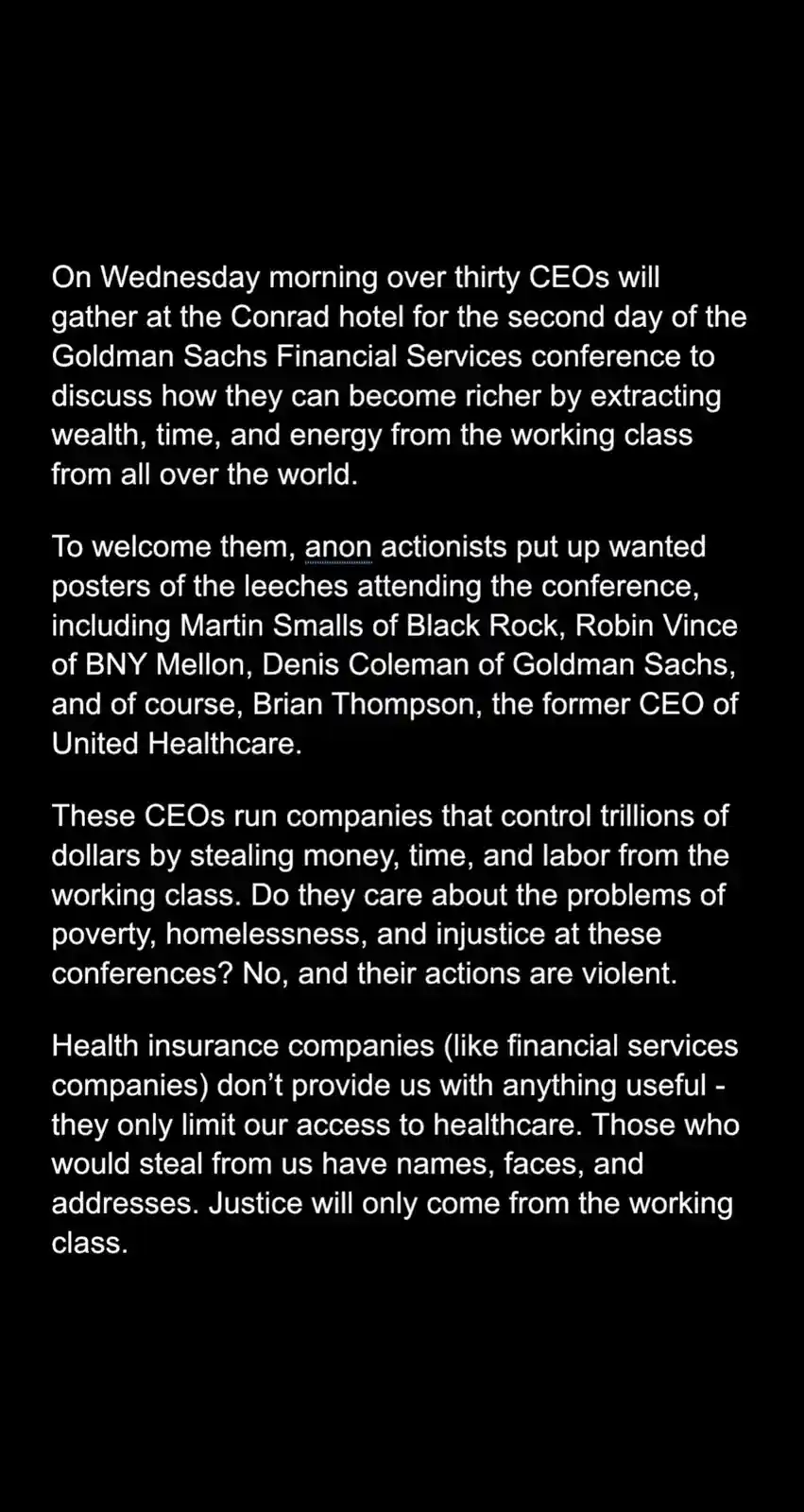The image displays a black background with white text that reads a satirical article about CEOs attending a Goldman Sachs…