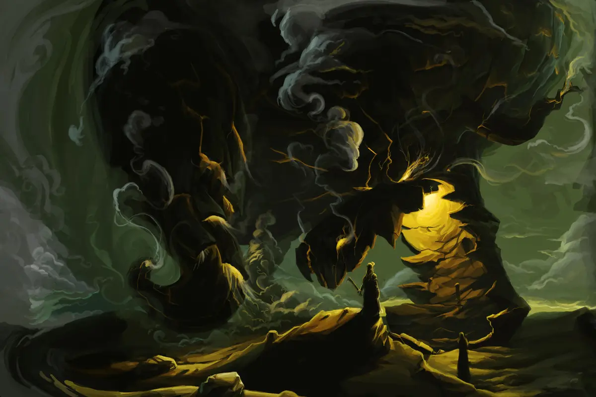 A dark, atmospheric fantasy painting shows a lone, silhouetted figure standing on a rocky outcrop, facing a massive…