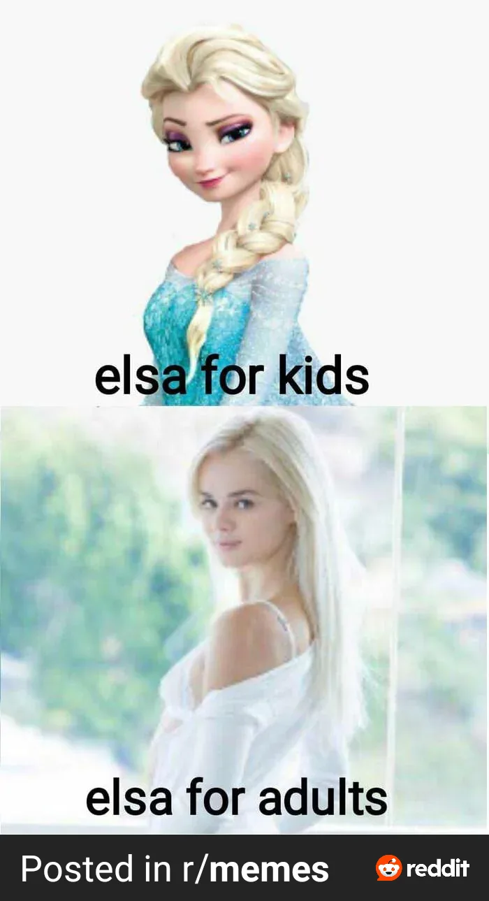 The image is a two-panel meme. The top panel shows Elsa from Disney's 'Frozen' in her animated form, wearing her iconic blue…