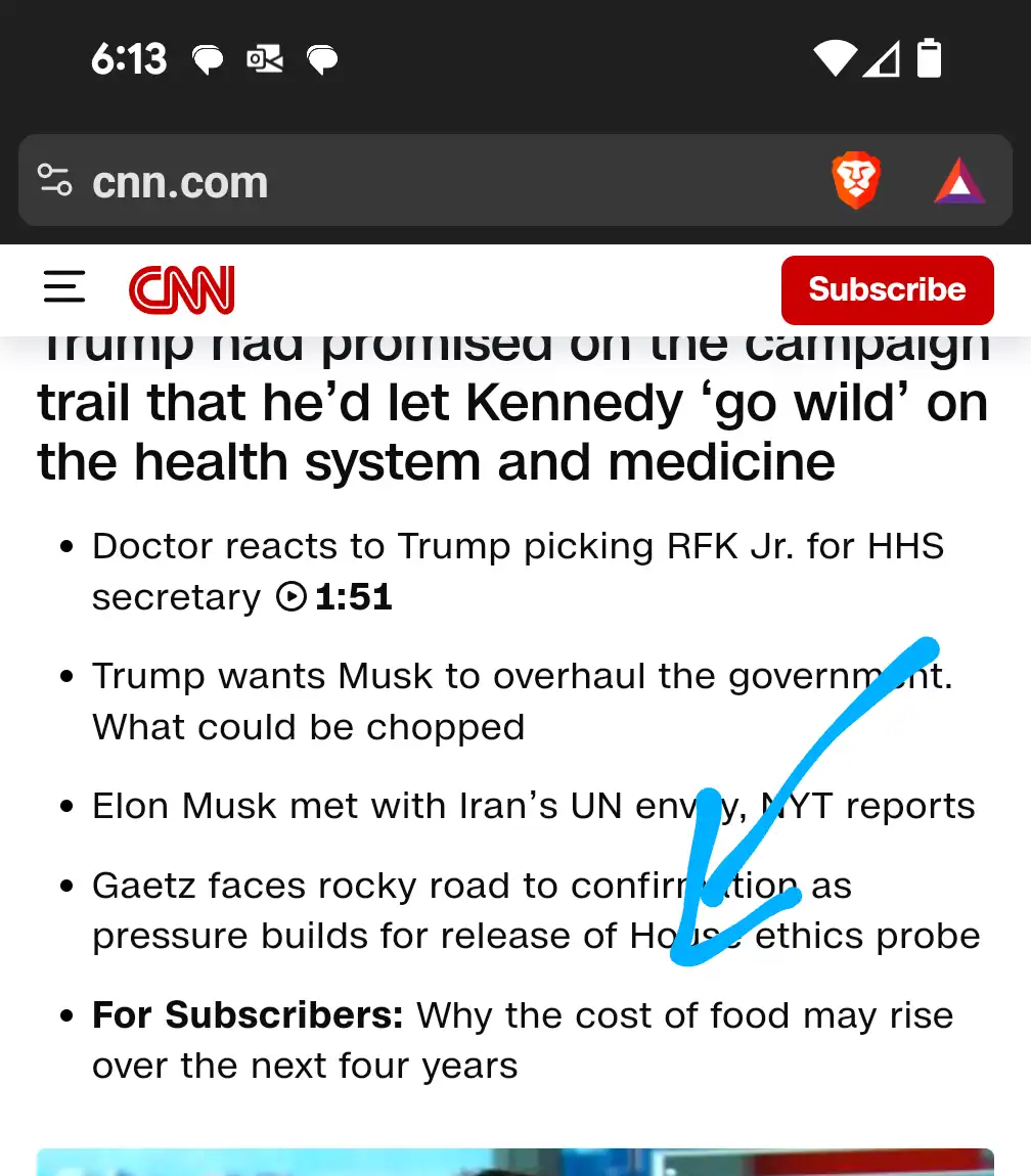 A screenshot of a CNN mobile webpage showing a headline about Trump's campaign promise to let Kennedy reform health care…
