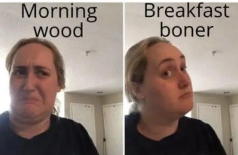 A split image shows the same woman in two panels. In the left panel, labeled 'Morning wood,' she has a disgusted, wrinkled…