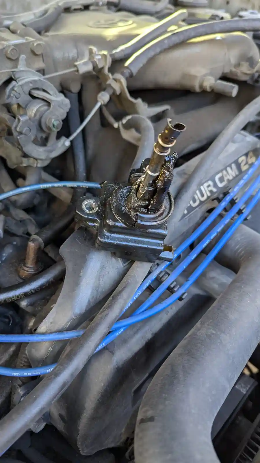 A close-up photo of a car engine's distributor, showing a corroded, oil-stained metal component with blue spark plug wires…