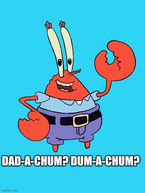 A cartoon red crab with long antennae, wearing a blue shirt and purple pants with a black belt, poses confidently with one…