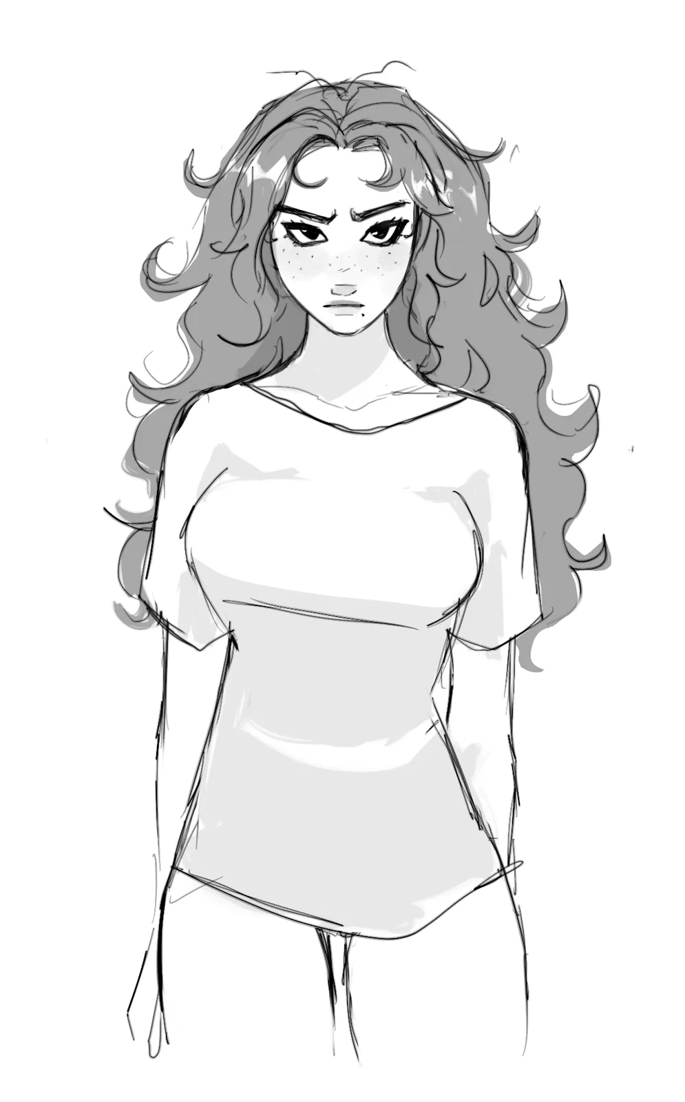 A grayscale sketch of a woman with long, wavy hair and a stern, unamused expression, wearing a simple top. The overlaid text…