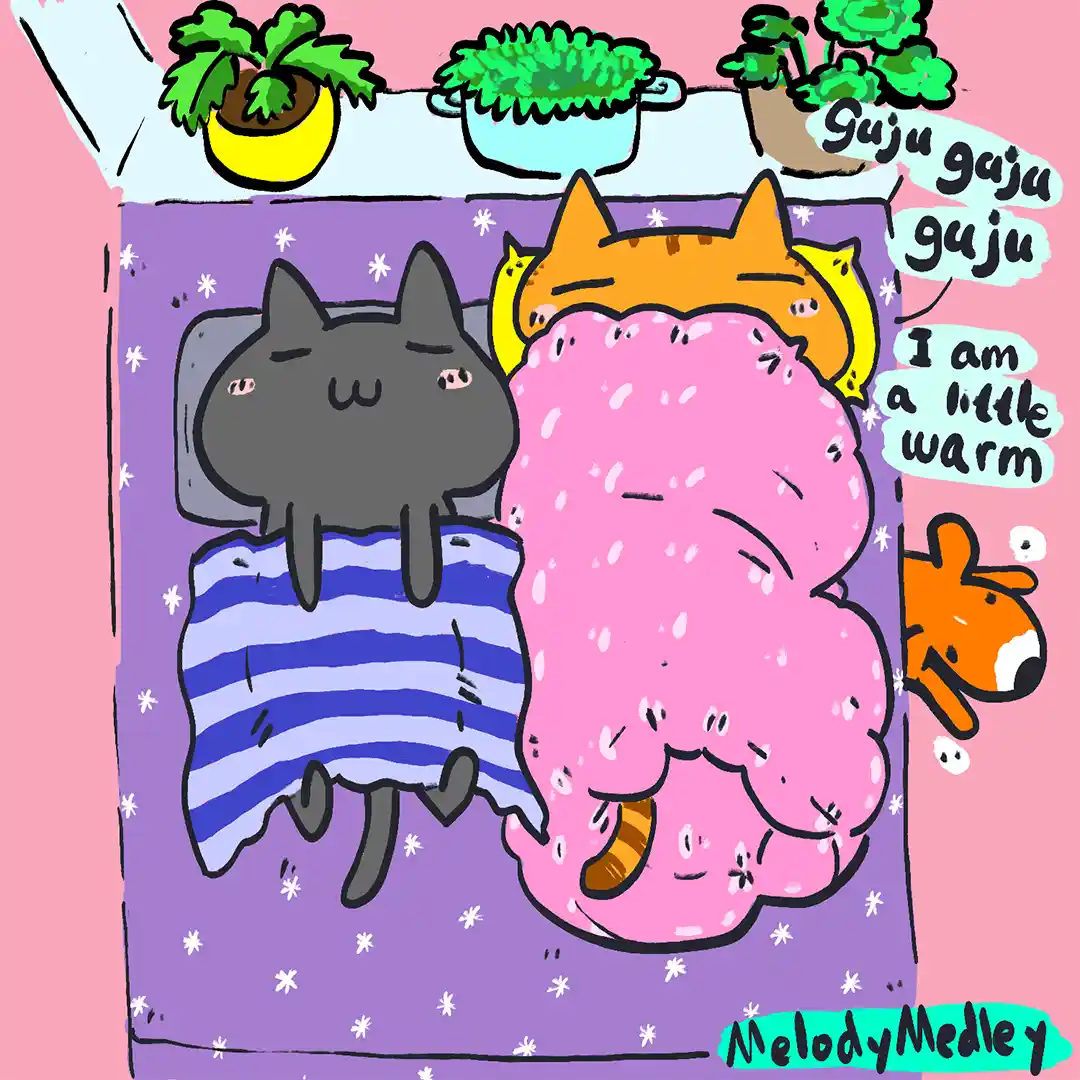 A cartoon illustration shows two cats sleeping in a purple bed with white stars. One is a grey cat in a blue striped…