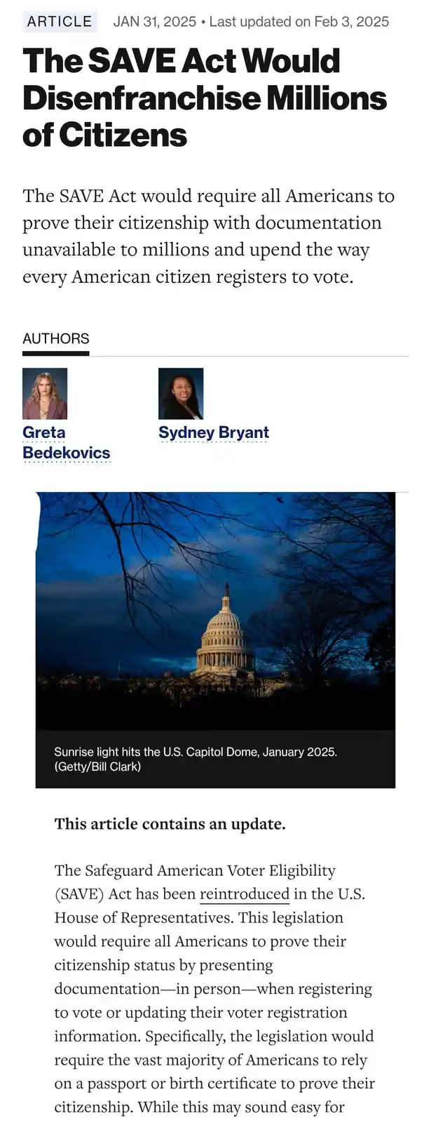 A screenshot of a news article titled 'The SAVE Act Would Disenfranchise Millions of Citizens' features a photo of the U.S…