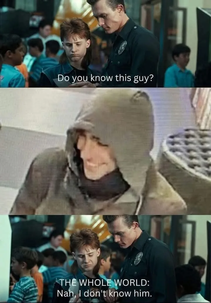 The meme is a three-panel image from the movie 'The Breakfast Club'. The top and bottom panels show a young man with red…