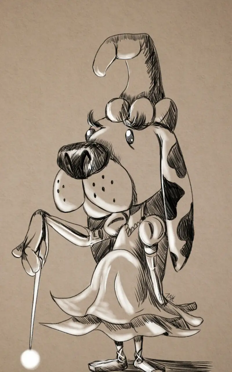 A pencil sketch of a cartoon dog wearing a tall, floppy jester hat with a bow, a flowing cape, and holding a cane with a…