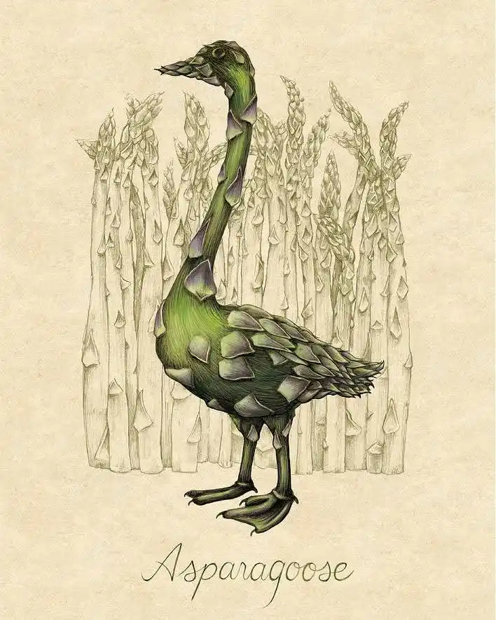 A whimsical illustration depicts a goose whose entire body, including its long neck, beak, wings, and legs, is composed of…