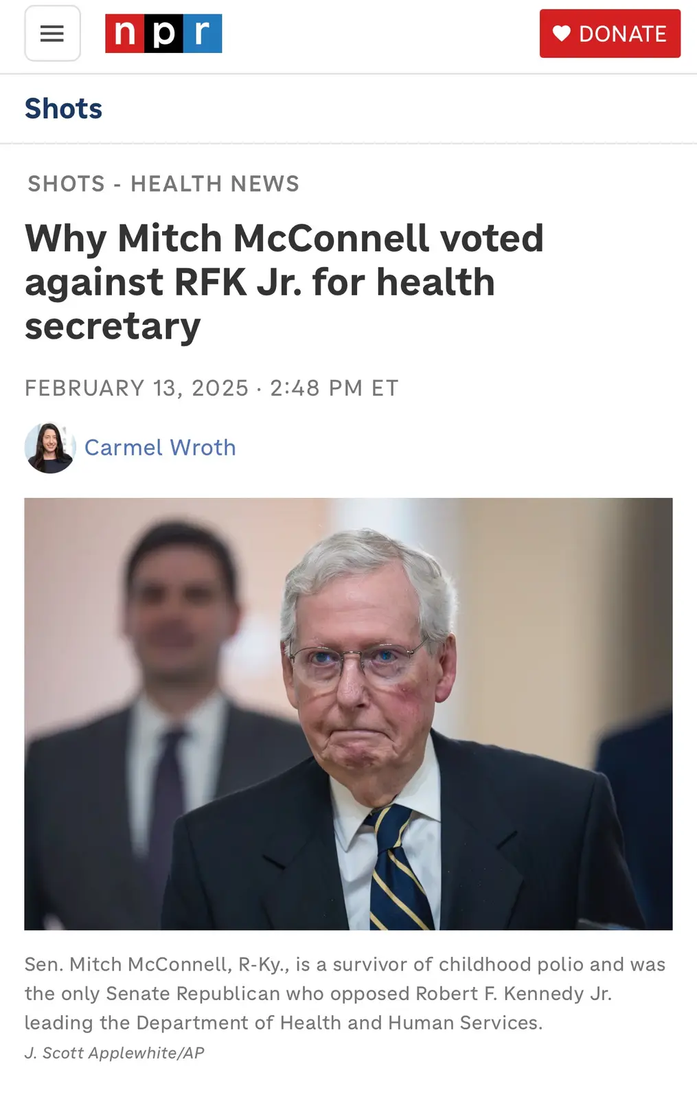 A screenshot of an NPR news article titled 'Why Mitch McConnell voted against RFK Jr. for health secretary' features a…