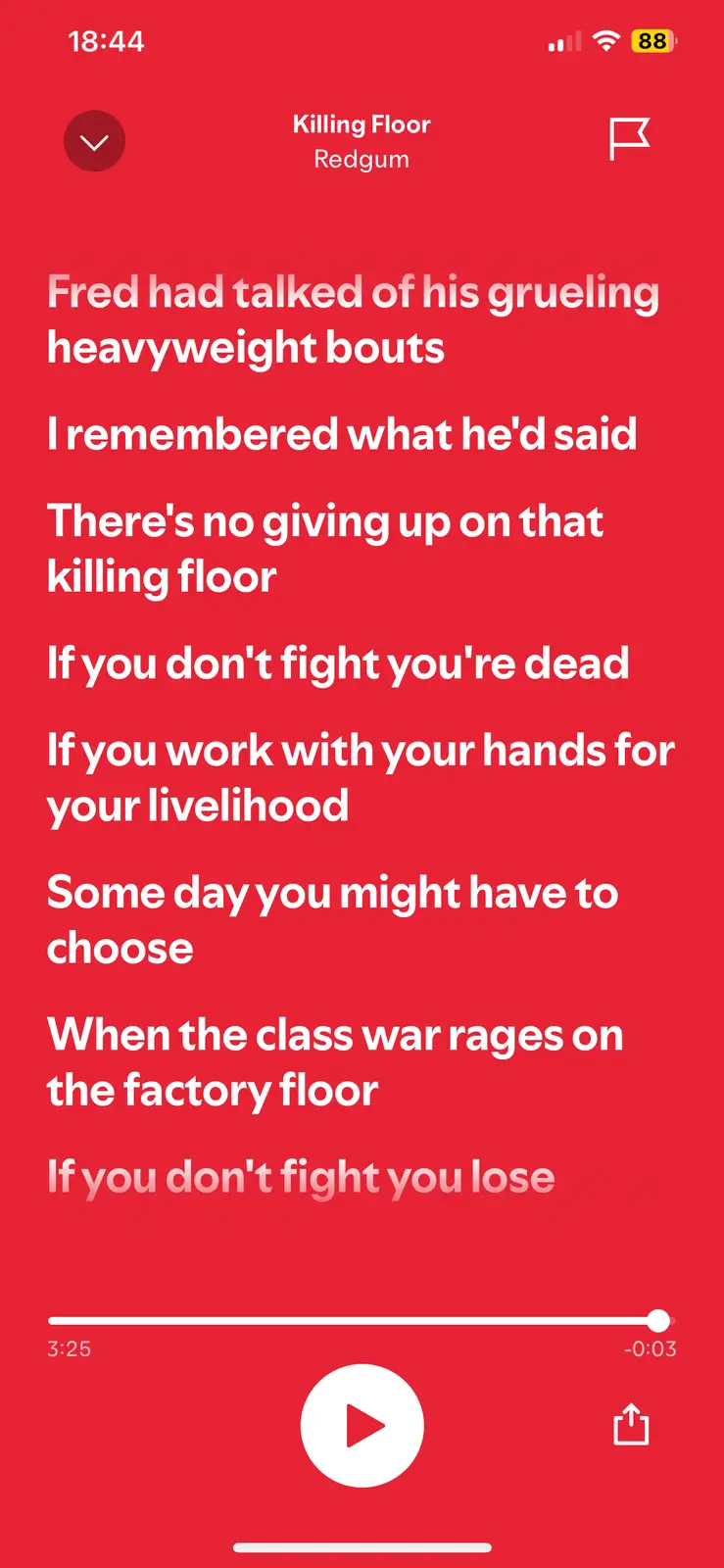 A screenshot of a music player app showing the song 'Killing Floor' by Redgum, with lyrics displayed in white text on a red…