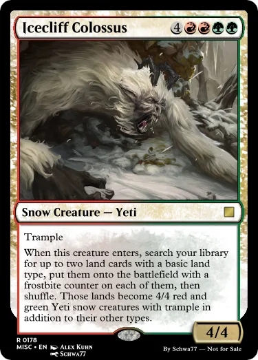 A Magic: The Gathering card named 'Icecliff Colossus' depicts a massive, white-furred yeti-like creature roaring in a snowy…