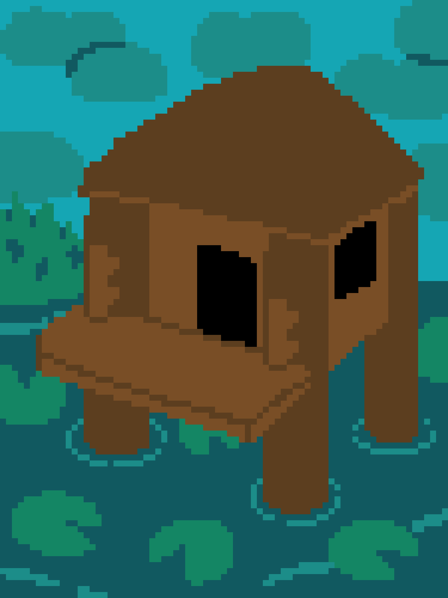A pixelated, brown, tree-like creature with large black eyes and a simple face stands in water with green lily pads and blue…
