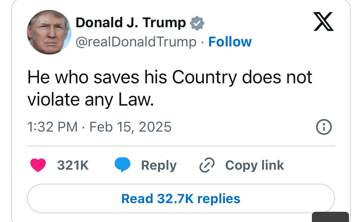 A screenshot of a fictional tweet from Donald J. Trump's verified X account, dated February 15, 2025, displaying the text…