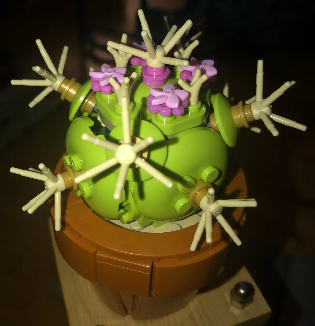 A close-up photo shows a green LEGO model resembling a virus, with beige spiky protrusions and pink flower-like pieces on…