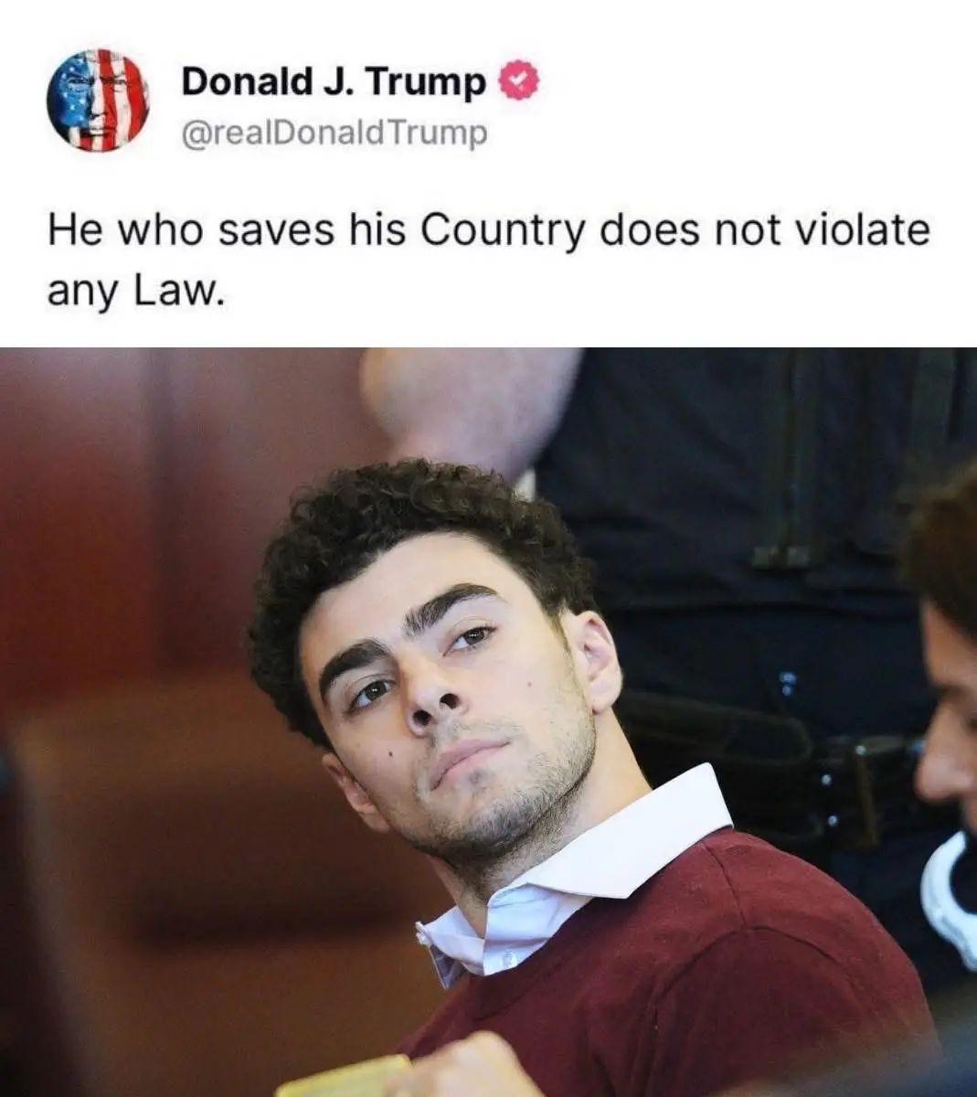 The image displays a screenshot of a tweet from Donald J. Trump's verified Twitter account, which reads 'He who saves his…