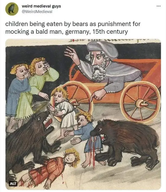 An illustrated medieval scene depicts several children being attacked by two large bears; one child is already partially…