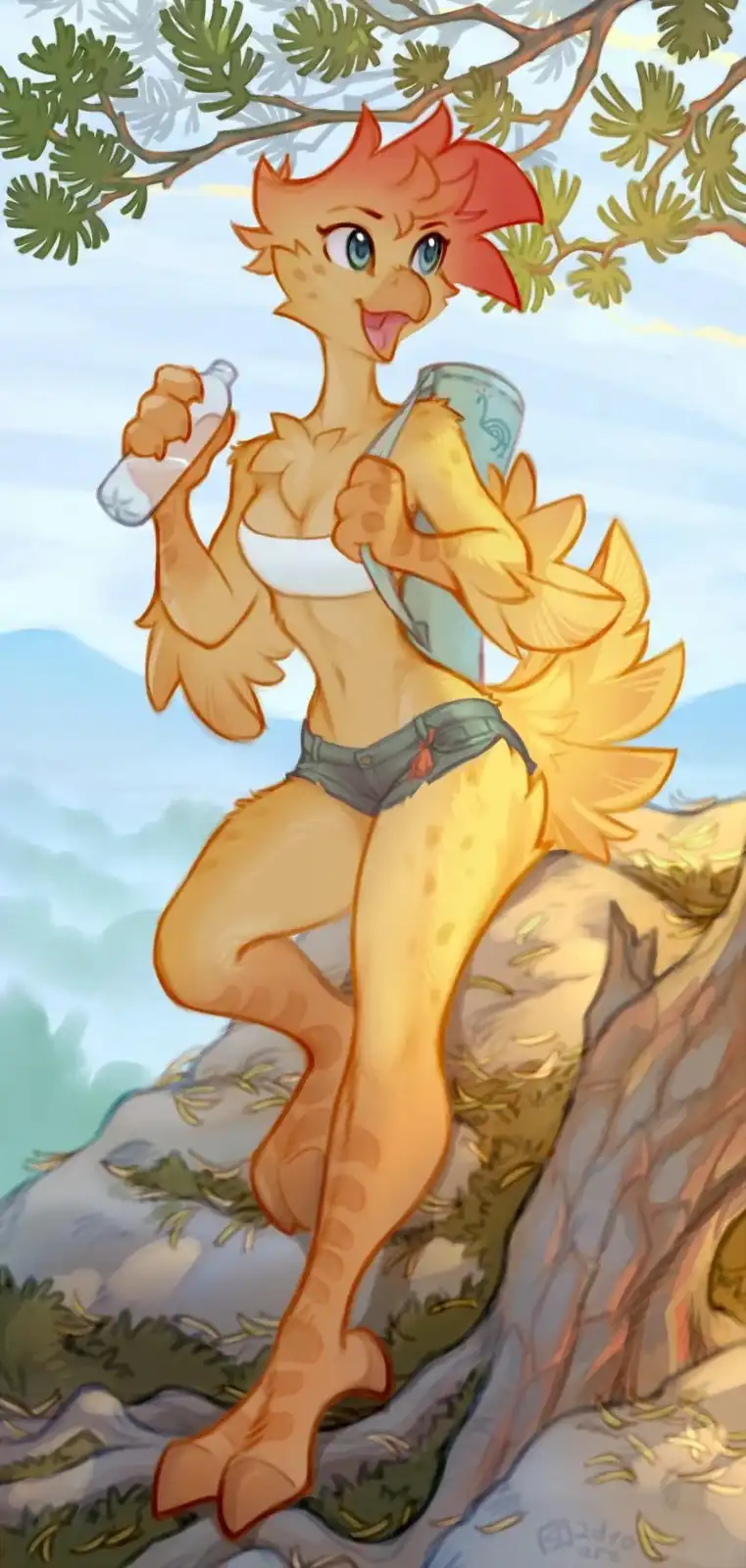 A cartoonish anthropomorphic chicken with orange feathers, blue eyes, and a cheerful expression sits on a rocky outcrop…