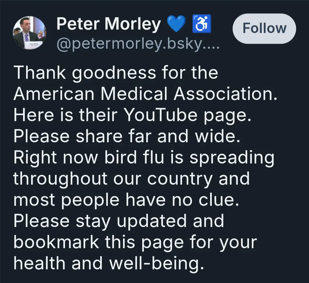 A screenshot of a social media post by Peter Morley, who thanks the American Medical Association and urges viewers to share…