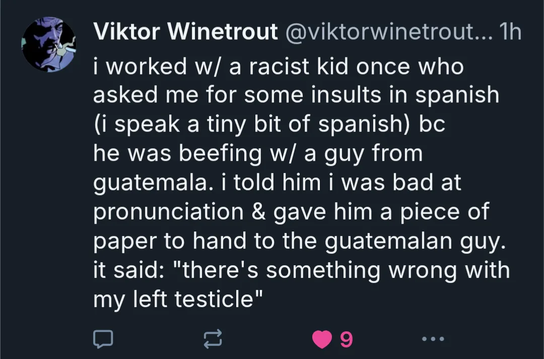 A screenshot of a tweet by Viktor Winetrout showing a dark-themed interface with white text. The tweet recounts a story…