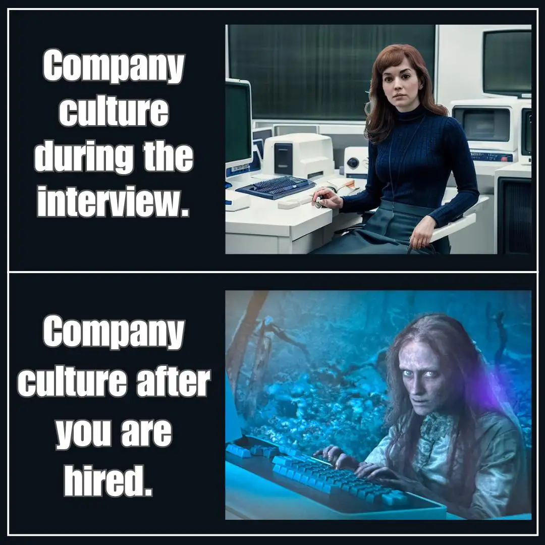 The top panel shows a woman in a 1980s-style office with vintage computers, looking composed and professional. The bottom…