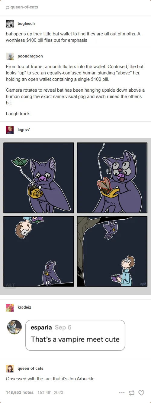 A four-panel comic shows a purple bat hanging upside down, opening a wallet to find it's empty except for a $100 bill that…