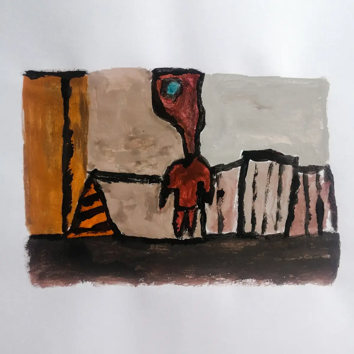 An abstract painting depicts a red humanoid figure with a large, single blue eye on a tall stalk, standing beside a striped…