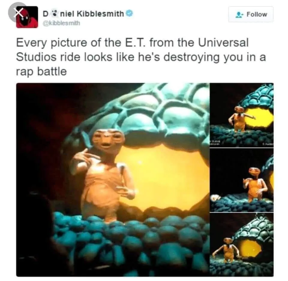 A collage of images shows the E.T. character from the Universal Studios ride, posed with aggressive hand gestures and an…
