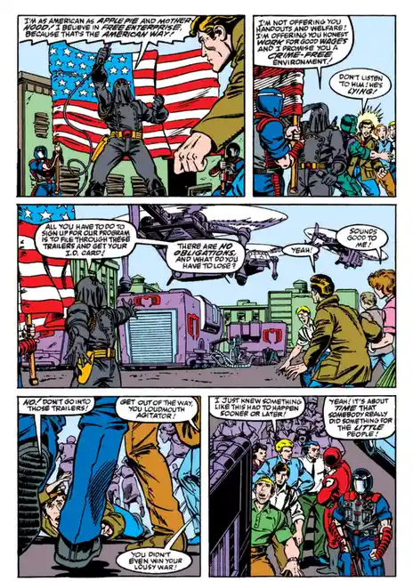 A comic strip panel shows a masked figure in a military-style uniform, holding an American flag, recruiting people with…