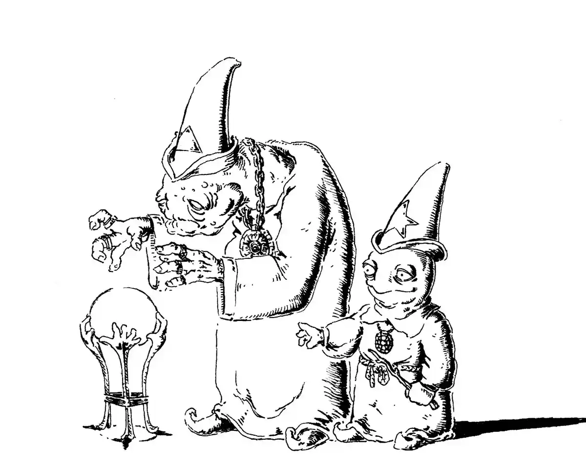 A black-and-white line drawing shows a large, horned, bearded wizard in a robe gesturing toward a crystal ball on a stand…