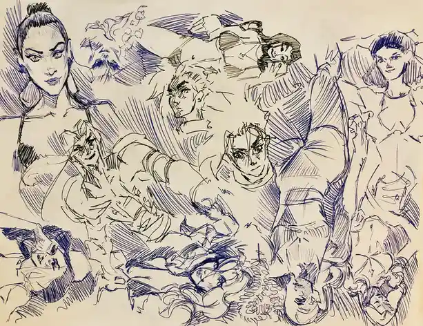 A blue ink sketch on beige paper features multiple anime-style character portraits in various poses and expressions…