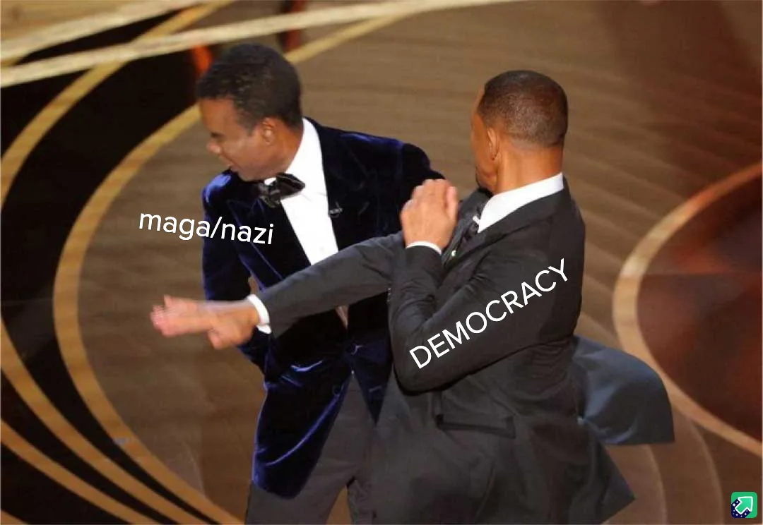 Two men in formal suits are shown in a staged physical altercation on a stage with circular gold and black patterns. The man…