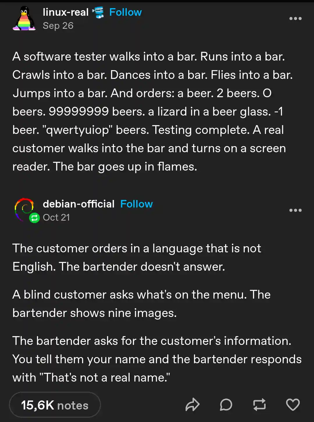 A software tester walks into a bar and the debugging begins.
