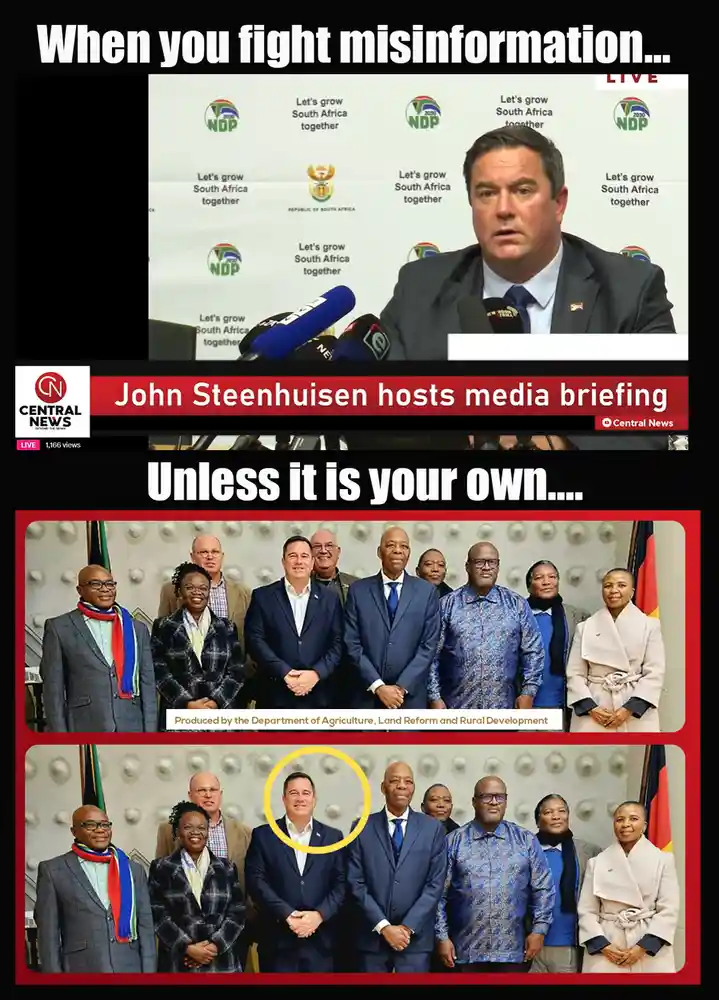 The meme features three stacked images. The top shows John Steenhuizen speaking at a media briefing for the NDP, with text…
