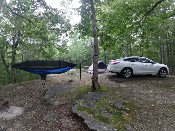 A blue and black hammock is strung between two trees in a wooded campsite, next to a white sedan parked on dirt and a small…