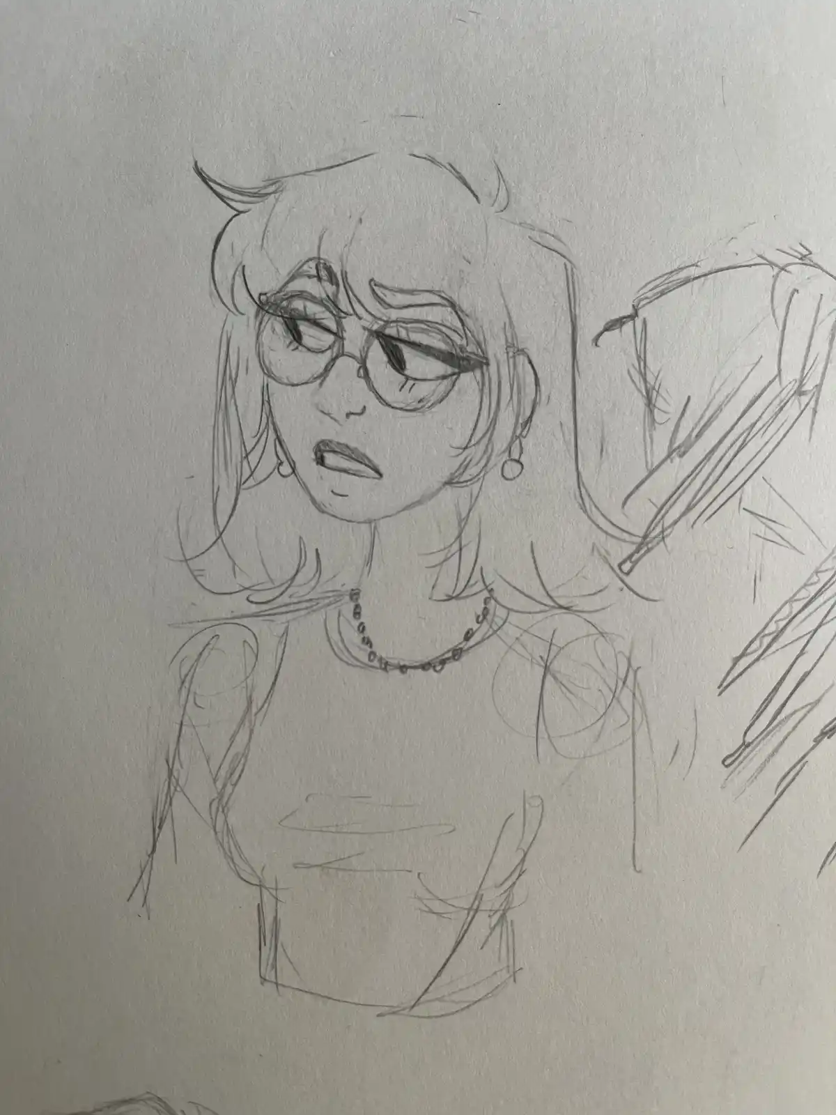 A rough pencil sketch of a female anime-style character with glasses, short hair, and a necklace, looking annoyed or…