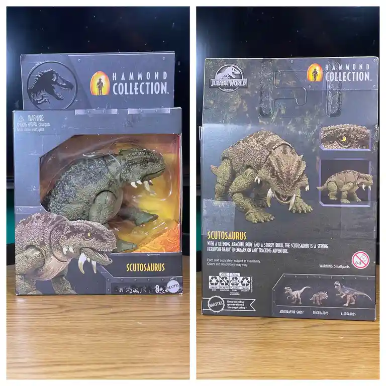 Two images show the front and back of a Jurassic World Hammond Collection toy box for a Scutosaurus dinosaur figure. The…