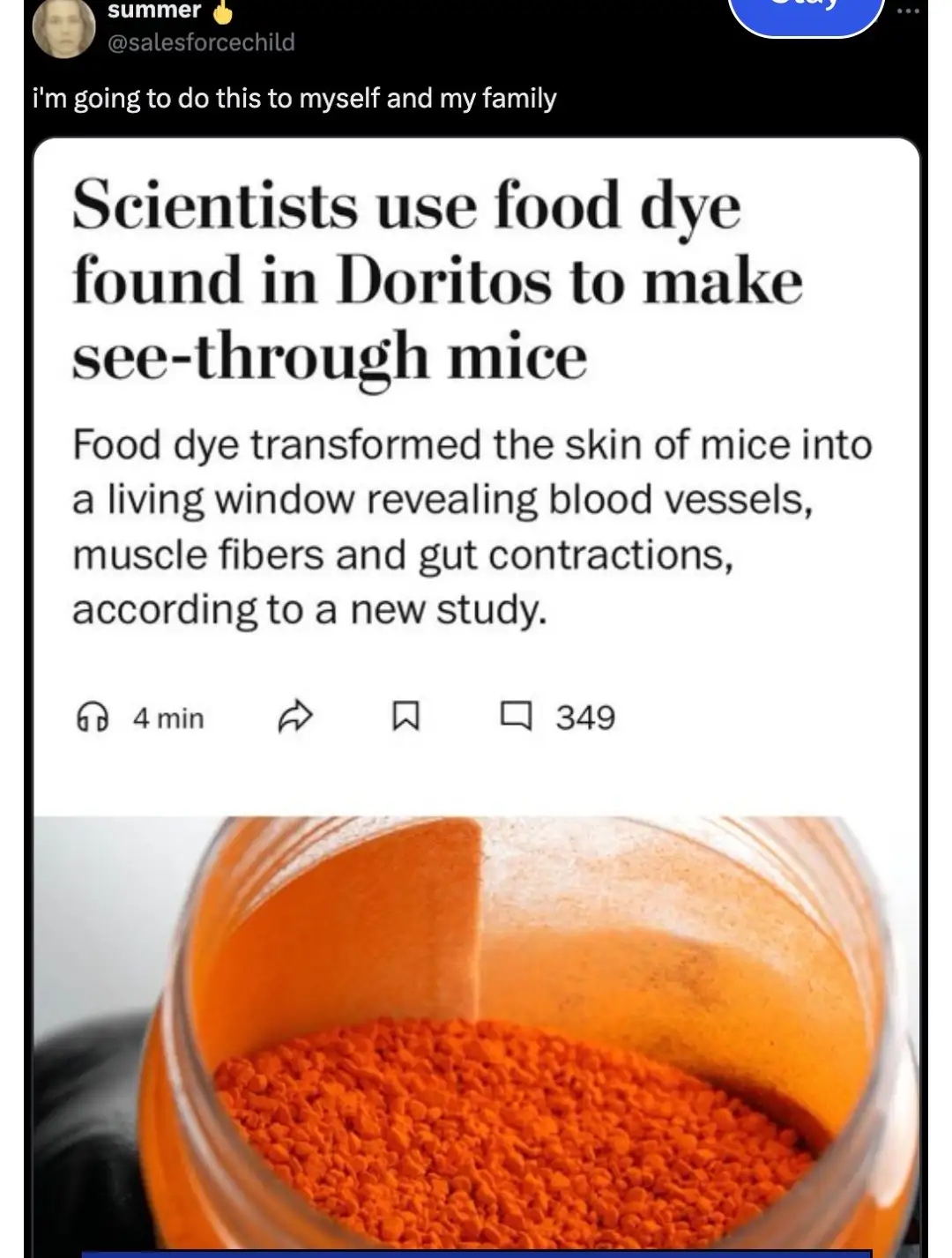 A screenshot of a tweet by user 'summer' (@salesforcechild) shows a news article headline about scientists using food dye…