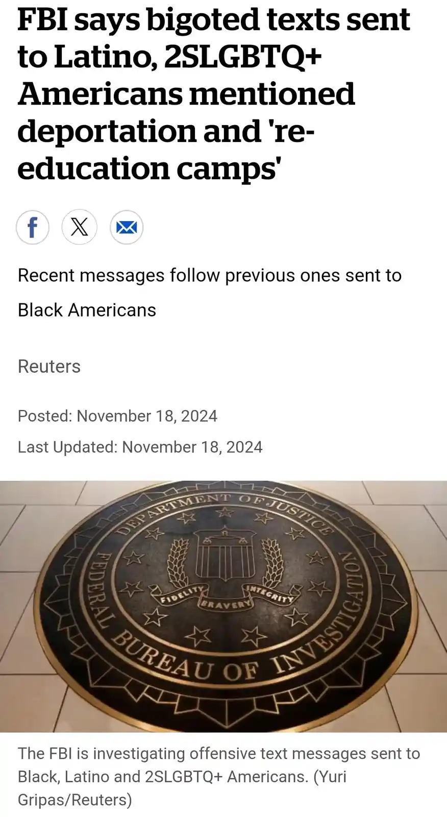 The image displays a news article snippet with a headline about the FBI investigating bigoted texts sent to Latino, 2SLGBTQ+…