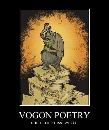 A green-skinned, hunched Vogon from 'The Hitchhiker's Guide to the Galaxy' stands atop a stack of books labeled 'Vogon…