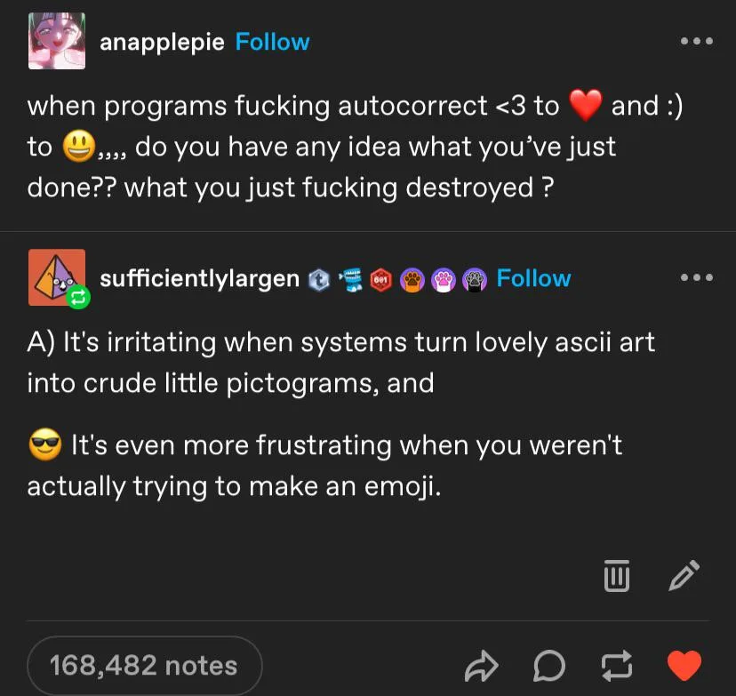 A screenshot of a Tumblr comment thread where the first user laments how autocorrect changed their heart symbol <3 to a red…
