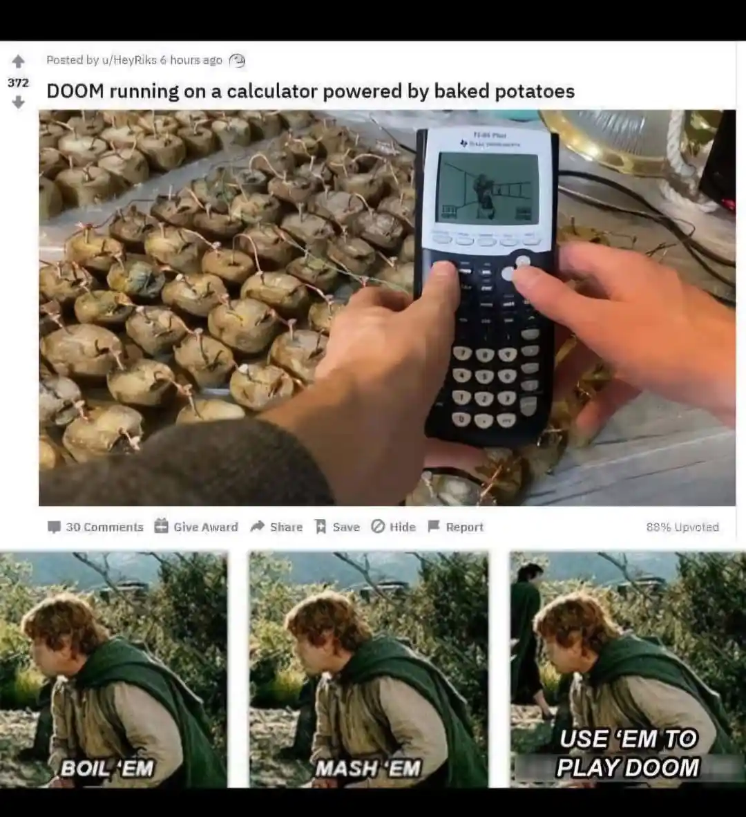 A person holds a TI-84 Plus calculator displaying a Doom game scene, surrounded by baked potatoes with wires inserted…