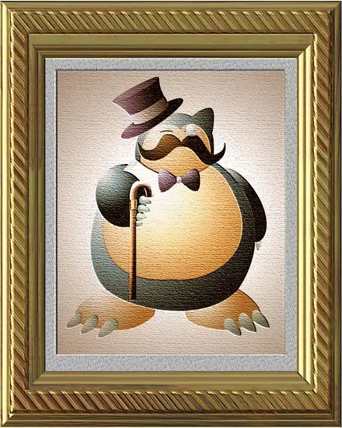 A framed painting depicts a cartoon penguin dressed in formal attire, including a top hat, a bow tie, and a cane, with a…