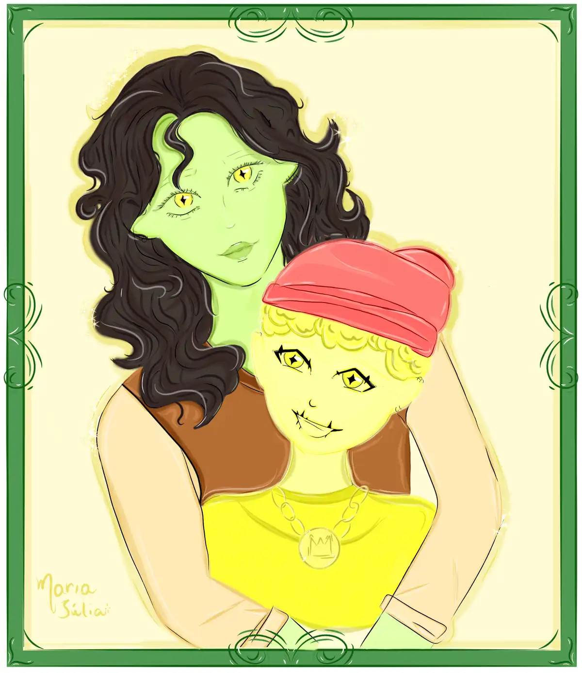 A stylized digital illustration depicts two green-skinned humanoid figures, one adult and one child, posed affectionately in…