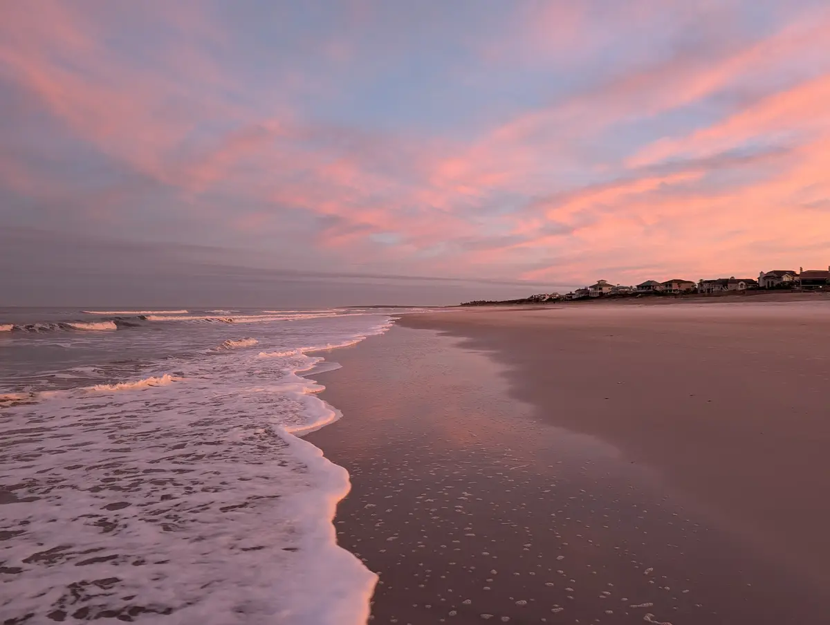 A serene beach scene at sunset or sunrise, with pink and orange clouds reflecting on wet sand and gentle waves. Houses are…