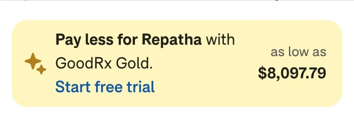 A yellow promotional banner advertises a discount on the medication Repatha through GoodRx Gold, showing a price of…