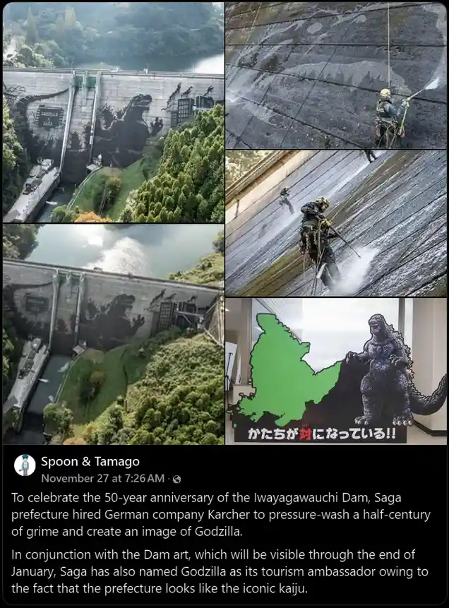 A collage shows workers pressure-washing a dam to reveal a Godzilla mural, with before/after shots and a map of Saga…