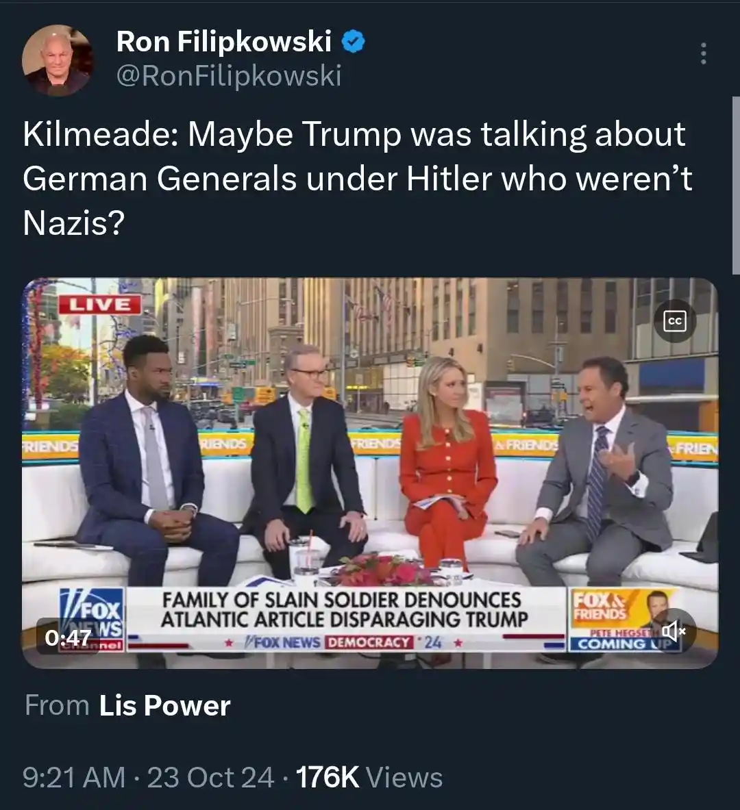 A screenshot of a Fox & Friends news segment shows four hosts seated on a white couch. The host on the far right is…