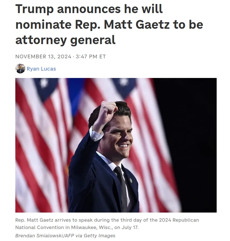 A screenshot of a news article from November 13, 2024, showing a photo of Rep. Matt Gaetz smiling and raising his fist in…